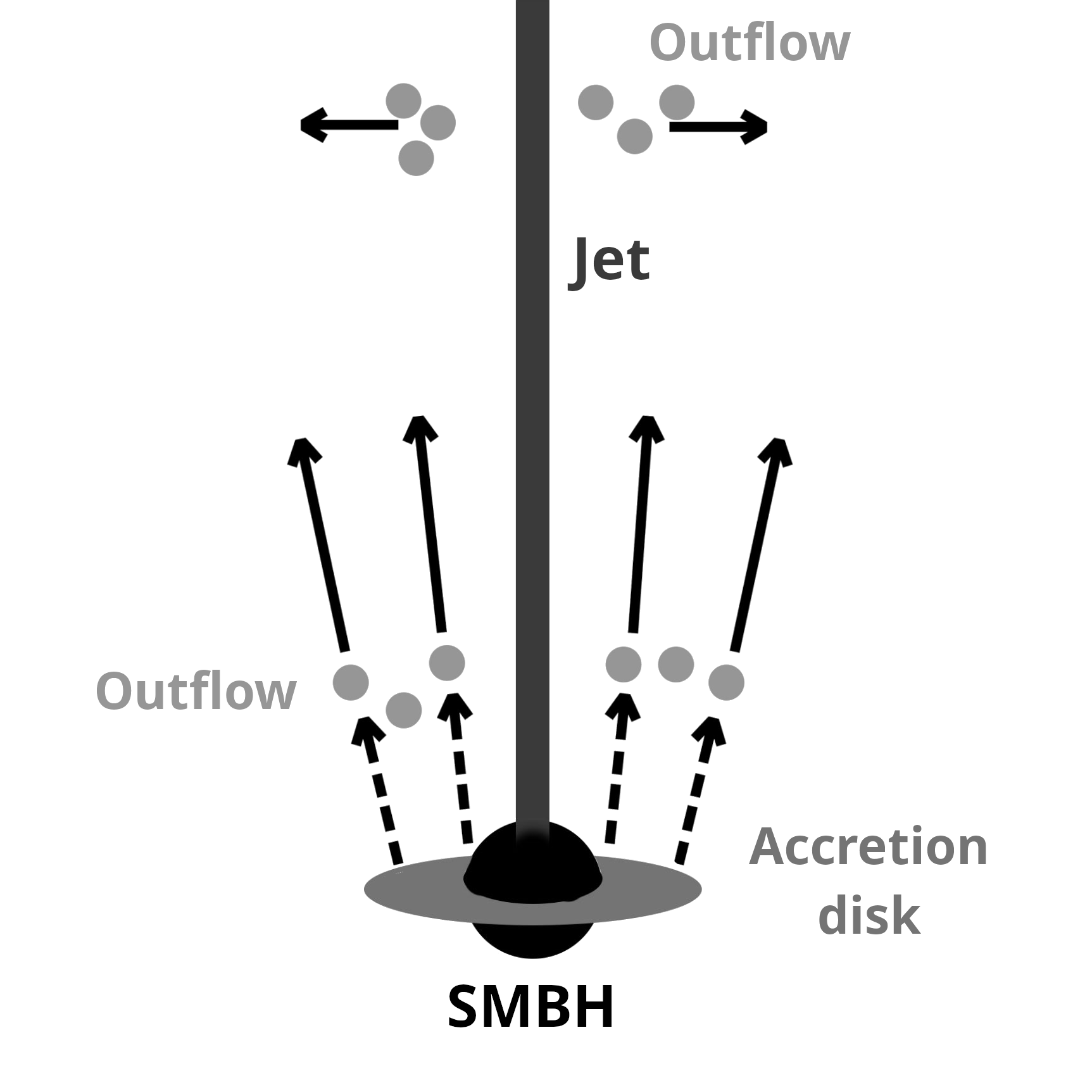 A schematic of an active galactic nucleus (AGN) launching gas outflows via two mechanisms: radiation pressure from its bright accretion disk and shocks driven into ambient gas by its plasma jet. Image credit: Luke R. Holden